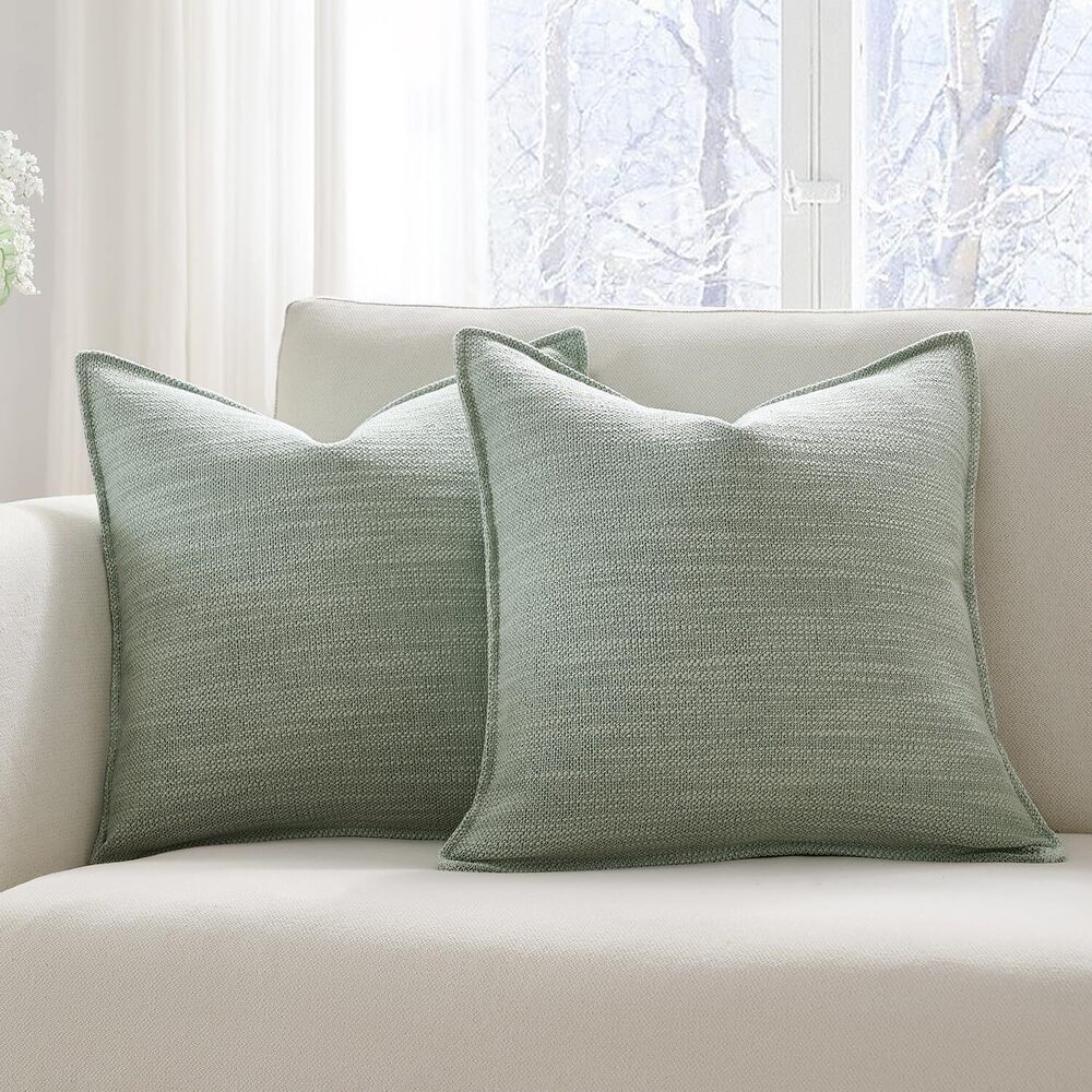 6936 Set of 2 Sage Green Pillow Covers 22x22, Linen Look Throw Pillow